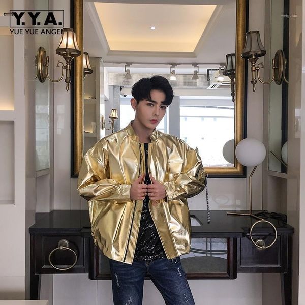 

personality harajuku new faux leather golden silver mens jackets hip hop casual loose stage costume motorcycle male short coats1, Black;brown