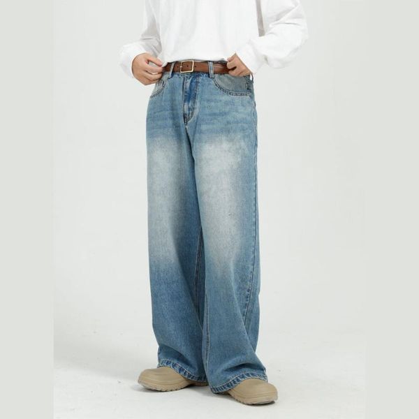 

men's jeans men retro washed casual loose straight wide leg pant male japan korea streetwear vintage denim pants, Blue