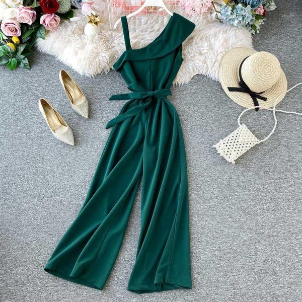 

women's oblique collar suspenders jumpsuit female off-the-shoulder ruffles slim lacing high waist wide leg jumpsuit pants ml5611, Black;white