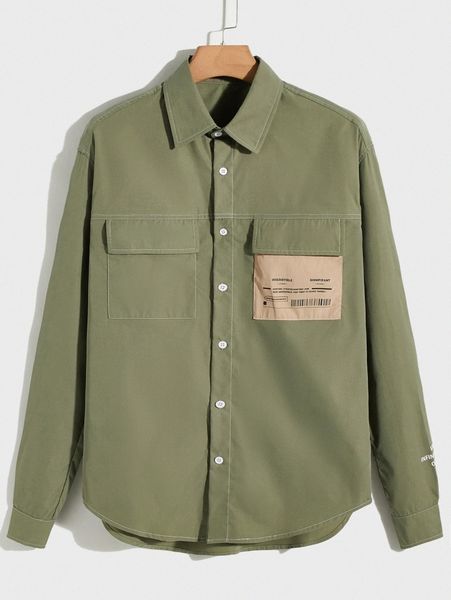 

men letter patched flap pocket shirt b1iw#, White;black