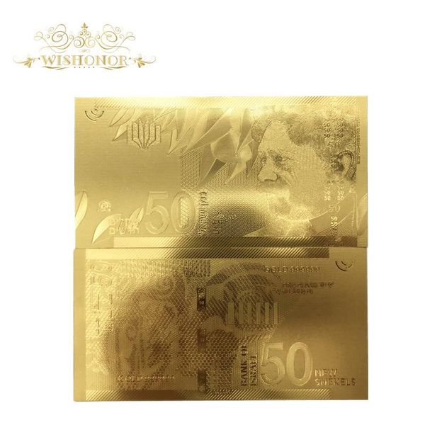 

10шт лот новый израиль золотая банкнота 50 ильс банкноты в 24k gold fake paper деньги для бизнеса сувенирные подарки wmtcfg