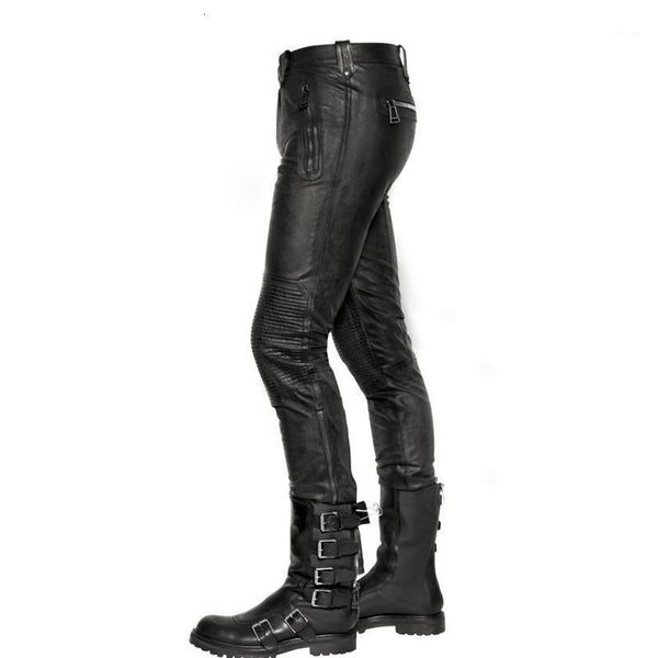 

fashion real leather pants men 2020 new winte motorstyle straight full length masculina trousers punk fleece lining pantalon man1, Black