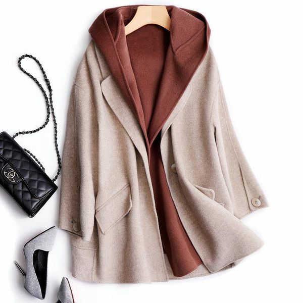 

women's wool & blends double-sided cashmere coat short 2021 autumn two-piece hooded vest korean woolen little man, Black