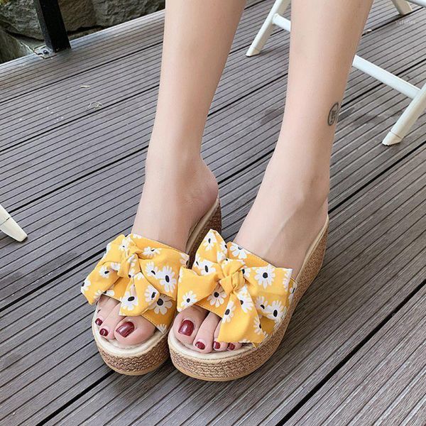 

bow tie platform slippers woman shoes new arrival platform slipper women wedge high heels shoes flower flip flops woman1, Black