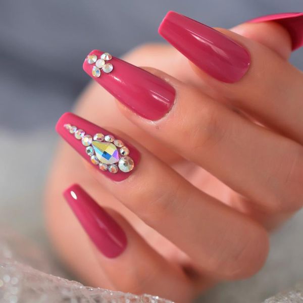 

false nails rose pink 24pcs medium coffin 3d customized uv gel nail adhesive rhinestone tapered glossy, Red;gold
