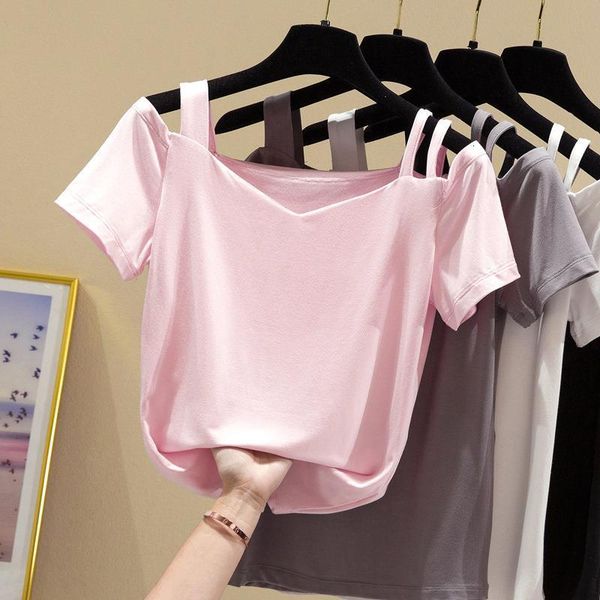 

off shoulder t shirt women clothes 2020 summer female tshirt tee shirt femme short sleeve cotton pink, White