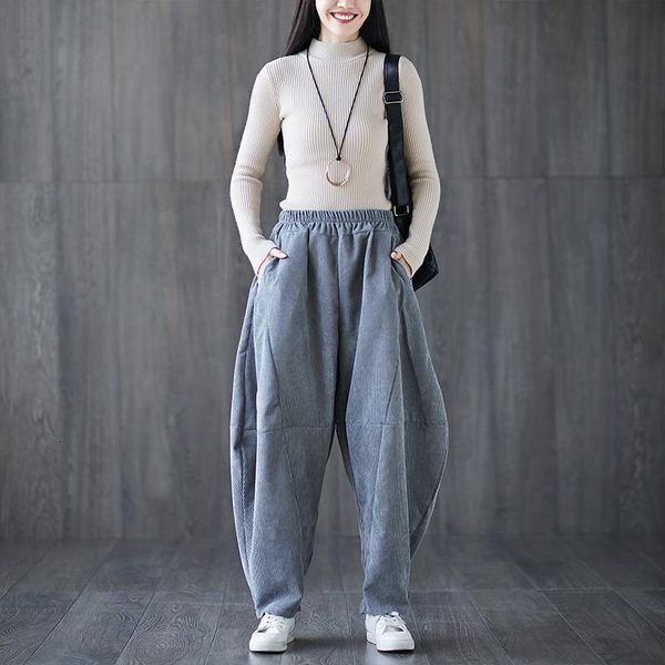 

winter women pants big size thick warm corduroy harem solid color elastic waist pants loose casual women trousers, Black;white