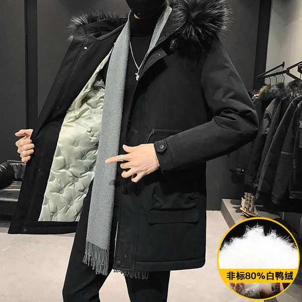 

men's down & parkas 2021 winter jacket medium length korean fashion brand hooded duck coat with thickened fur collar, Black