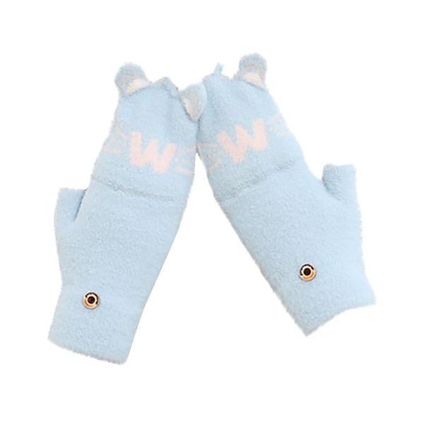 

five fingers gloves winter warm cashmere soft knit mittens women flip half finger driving plush thick cute touch screen #t1p, Blue;gray