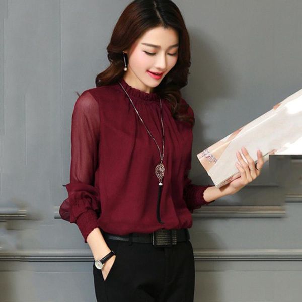 

korean style lace chiffon unlined upper garment for women's dress with large size mesh ruffled stand-up collar bottom blouse g3, White