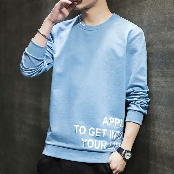 

men's long sleeve t-shirt korean fashion versatile spring and autumn leisure sports sweater coat round neck blue top, Gray