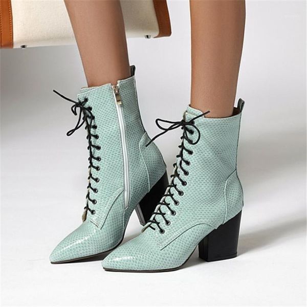 

boots pxelena fashion retro punk gothic combat motorcycle ankle women block chunky high heels lace up biker shoes1, Black