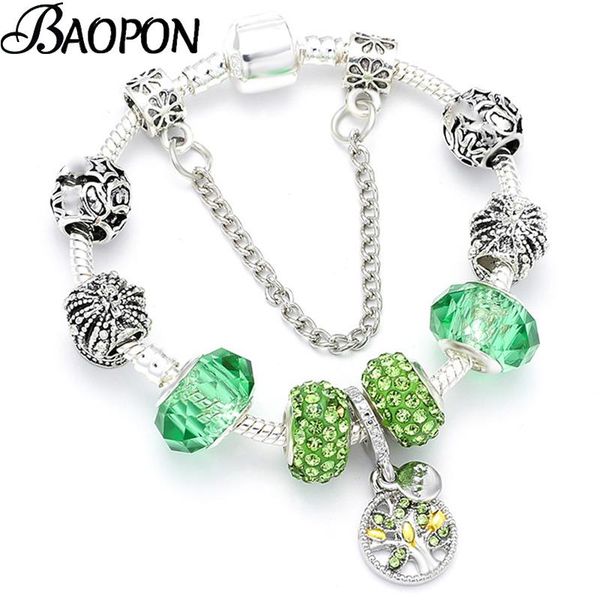

silver color life of tree pendant charm bracelets with green crystal beads fit diy original bracelets bangle for women pulsera, Golden;silver