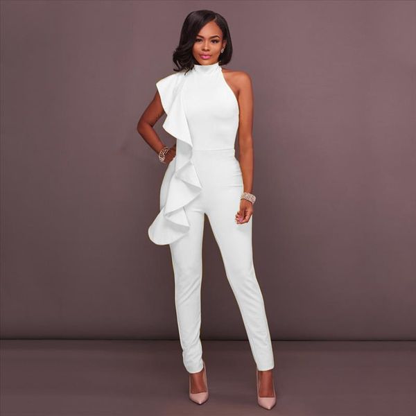 

ruffles turtleneck office ladies formal long jumpsuits women elegant sleeveless off shoulder overalls slim pencil femme jumpsuit, Black;white