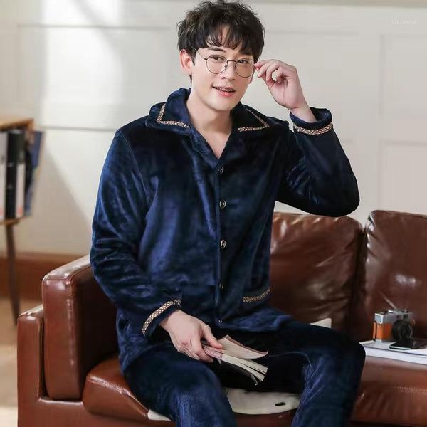 

2020 winter male pajamas set new flannel 2pcs thicken warm soft sleepwear for men long sleeve +pants homewear1, Black;brown