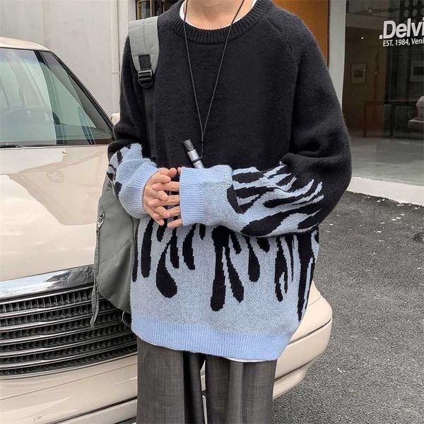 

winter sweater men thicken loose print flame knitted sweater student clothes autumn round neck pullover long sleeve men 220108, White;black