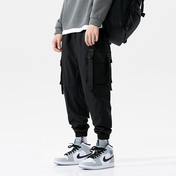 

2020 new hip-hop jogger men's black harem overalls multi-pocket ribbon men's sportswear pants streetwear casual pants1