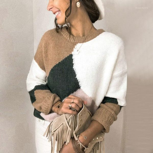 

ladies autumn winter pullover jumpers round neck loose contrast stitching casual knitted sweater1, White;black