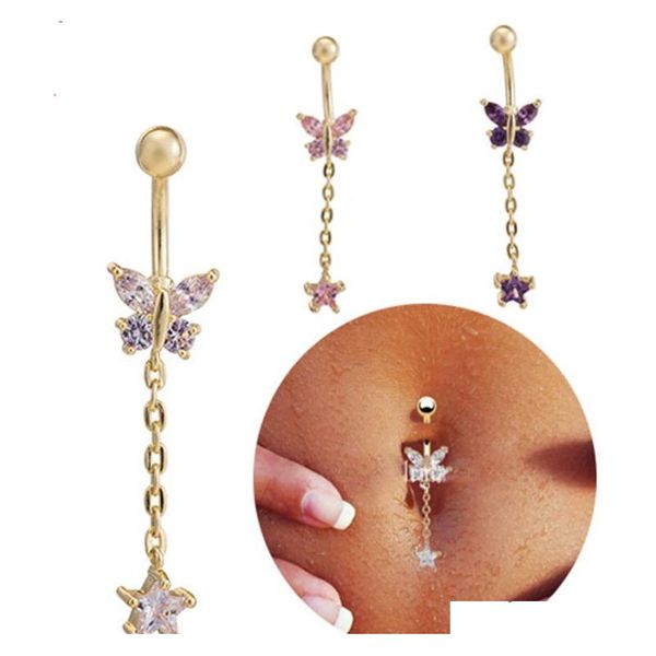 

18k yellow gold plated body piercing belly button ring wholesale cubic zirconia dangle charming women navel jewelry barbell p4lld, Silver