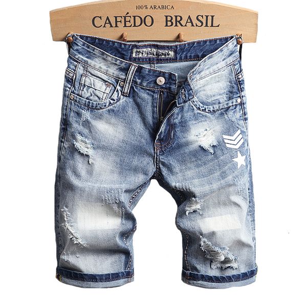 

2021 new newly summer fashion designer retro light blue ripped cotton denim shorts homme printed hip hop short men egbd