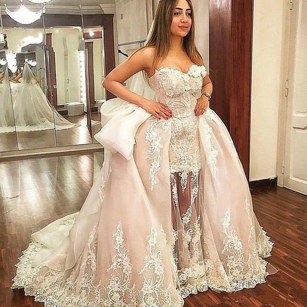 

amazing champagne a line wedding dresses bridal gown 2021 overskirt sweetheart lace 3d floral flowers beads ruched wedding reception dress, White
