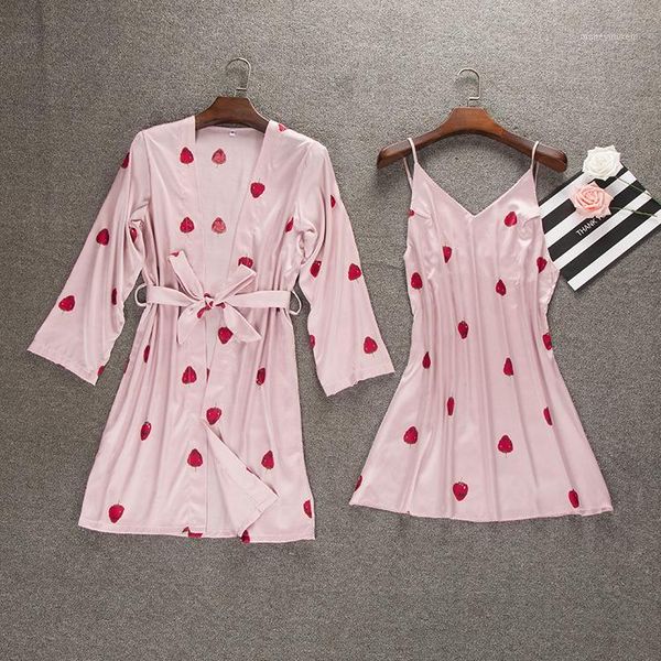 

women print sleepwear nightgown satin kimono bathrobe gown silky 2pcs sleep set casual intimate lingerie nightwear homewear1, Black;red