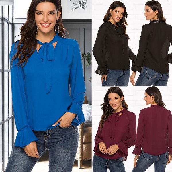 

elegant bow tie women shirt spring autumn ladies solid long sleeve chiffon shirts casual blouses vintage blusas, White