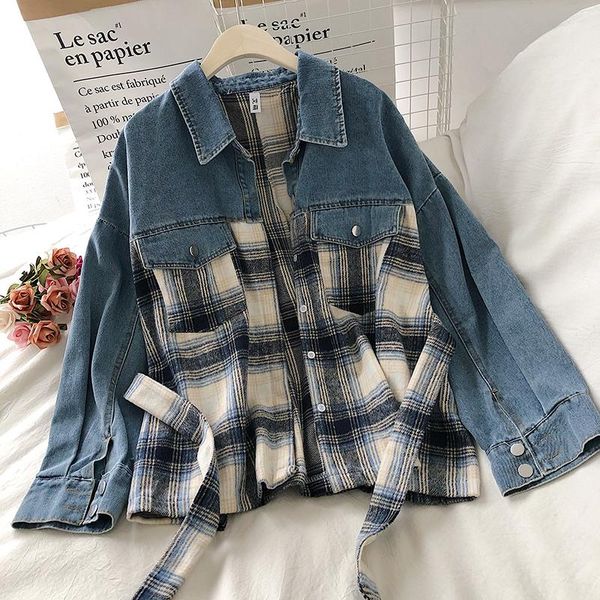

2021 autumn winter korean fashion women coats streetwear hit color patchwork plaid denim jackets preppy style long sleeve, Black;brown