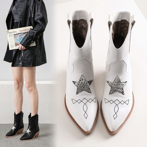 

pentagram cobbled ladies short wooden chunky heels embroidered martin women's boots mid-calf leather slide in bottin' utpd, Black