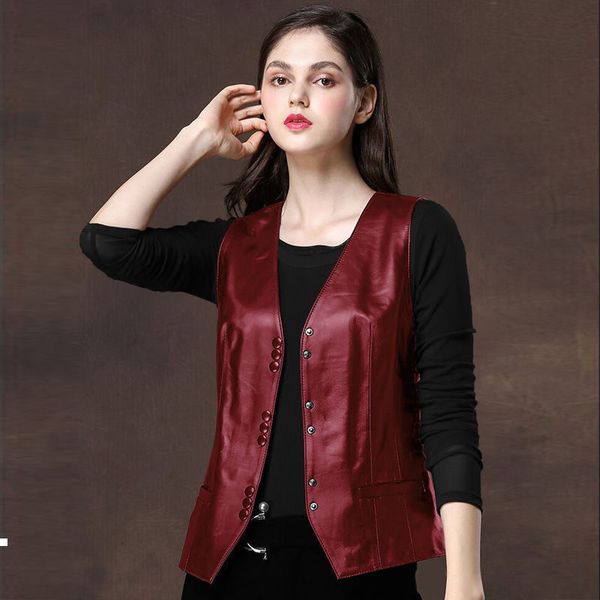 

new spring 2021 plutonium leather v single collar breasted women sleeveless vest plus size 5xl y196 ryhc, Black