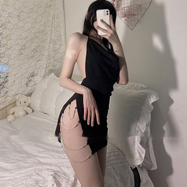 

costumes cosplay korea v neck vest mini dress rhinestone chain backless home nightclub lovely dresses women siqx, Black