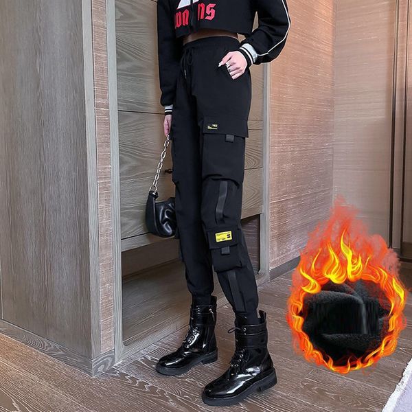 

sweatpants women winter pants thick warm loose black patchwork ribbons korean gothic cargo pants women, Black;white