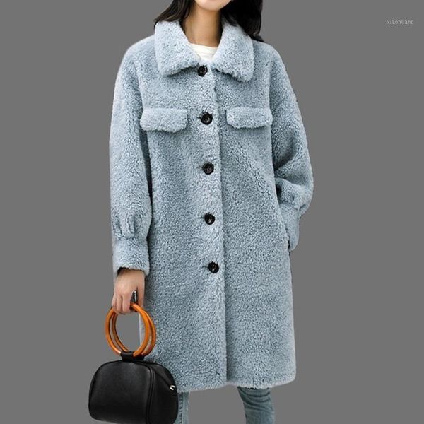 

plus size new lamb wool korean single-breasted thick warm long overcoat parka real fur jacket sheepskin winter coat women yp0141, Black