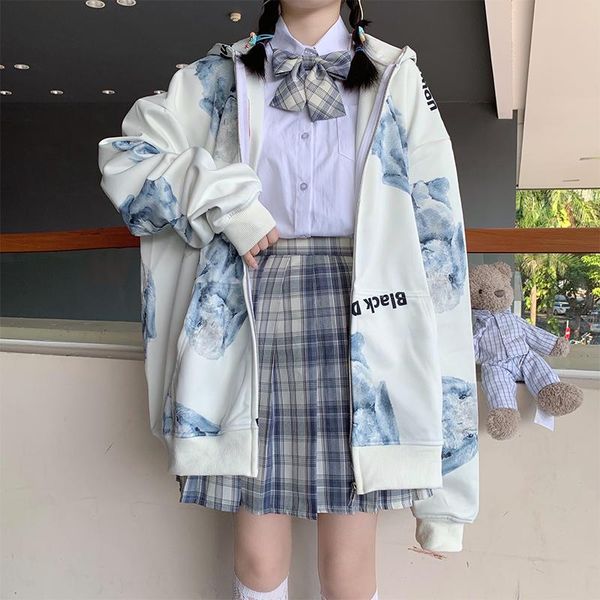 

2021 new autumn sweet women jacket print loose cardigan fashion streetwear female coat hooded, Black;brown