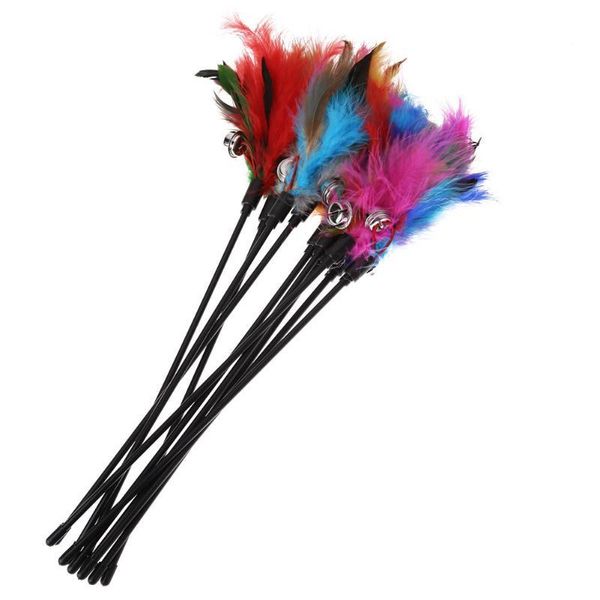 

cat toys 5pcs pet interactive toy 2021 kitten colorful feather short rod stick bell funny playing supplies