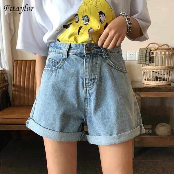 

fitaylor 2020 new summer women vintage wide leg blue denim shorts casual female streetwear loose solod color jeans shorts1, White;black