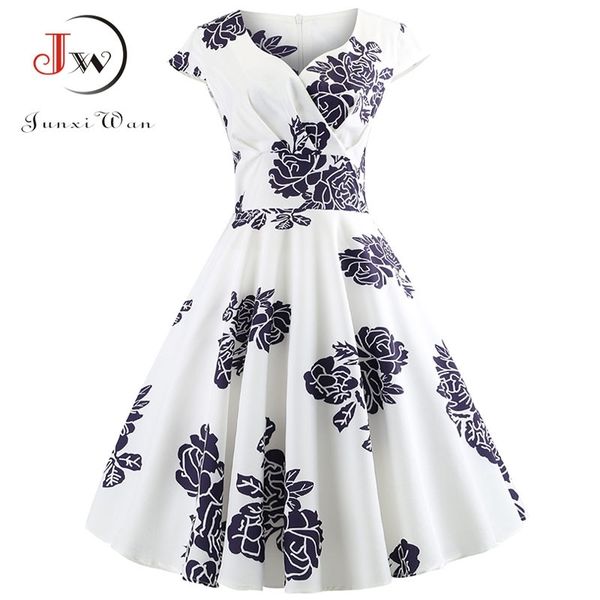 

casual summer dress women short sleeve hepburn 50s 60s vintage elegant swing party dresses plus size floral slim vestidos y200102, White;black