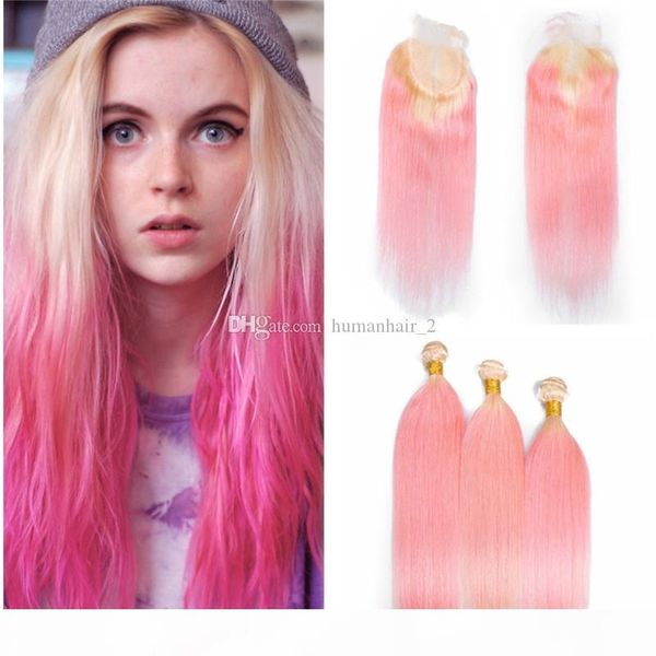 

brazilian virgin hair straight ombre hair 613 pink bundles with lace closure blonde pink ombre hair weaves with 4x4 closure, Black;brown