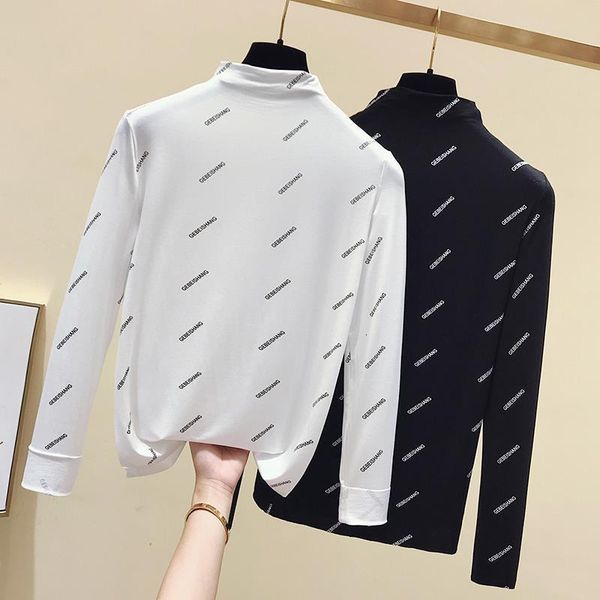 

gkfnmt women's tshirt letter printing long sleeve basic turtleneck t shirts autumn winter tee shirt femme white clothes