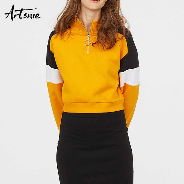 

artsnie streetwear yellow patchwork knitted pullovers women autumn turtleneck zipper long sleeve girls casual sweatshirts sh190911, Black