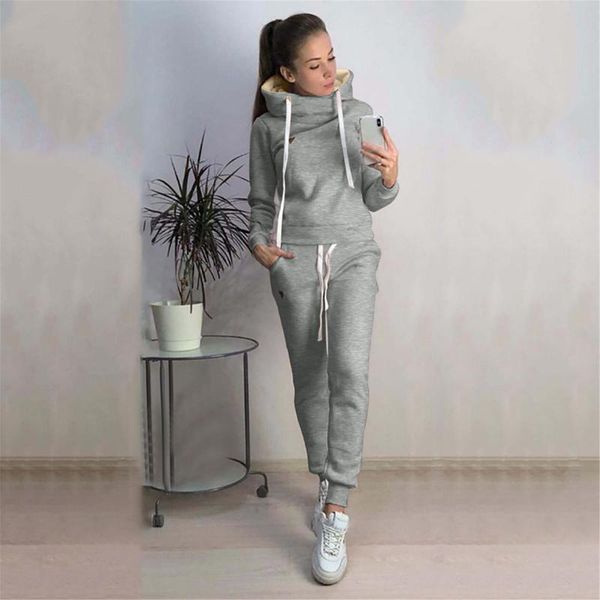 

women's fashion sports suit casual solid color pocket decoration suit jacket + pants two-piece long-sleeved hooded collar, Gray