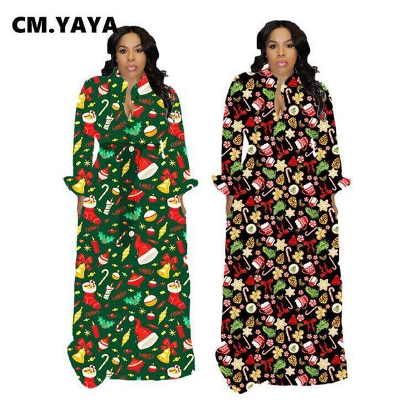 

casual dresses cm.yaya christmas print women long dress night club button up turn-down neck with sashe fit flare maxi vestidos, Black;gray