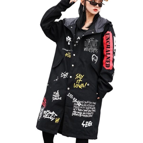 

новая мода 2020 осень повседневная граффити для печати классический длинный траншеи chake chic женская ветровка с капюшоном black lt705s30, Tan;black