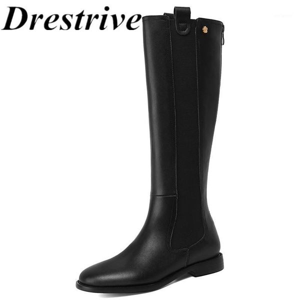

drestrive women knee high boots cow leather round toe new arrival 2020 winter shoes thick heel patchwork black zipper1