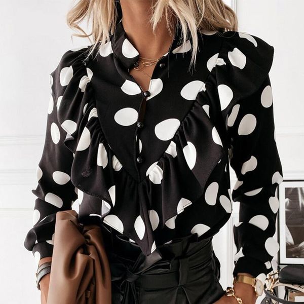 

women polka dot print ruffle blouse shirt 2020 autumn winter long sleeve v-neck shirts elegant office ladies button blusas1, White