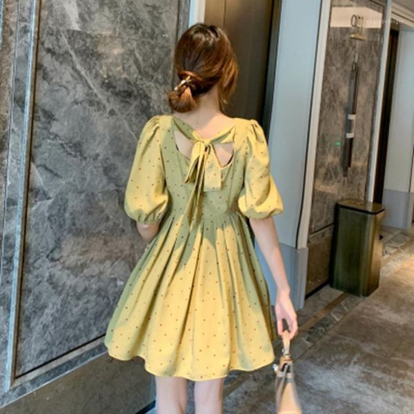 

fashion new bandage bow dot bubble sleeves v-neck dress, White;black