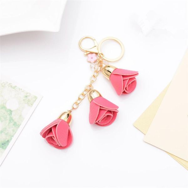 

leather camellia flower keychain bag pendant car key ring for women bag charm trinket accessory key ring holder eh879 h jllwkh, Red;blue