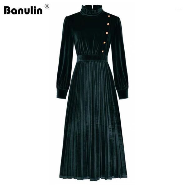 

banulin fashion runway velvet pleated midi long dress vintage elegant button pleated velvet party dresses lady work plus size1, Black;gray
