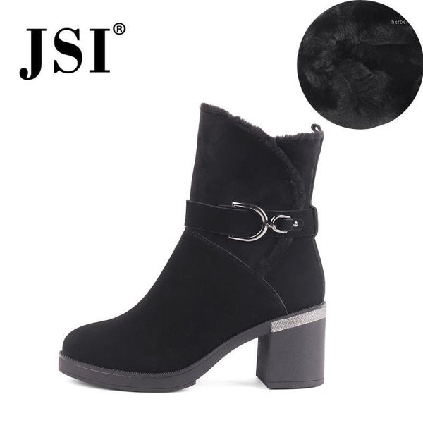 

boots jsi fashion winter women ankle buckle decoration round head square heel ladies shoes jc5301, Black