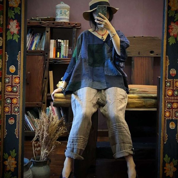 

2019 luogu mud minority beggars' style patchwork linen asymmetric v-neck short robe 1536, White